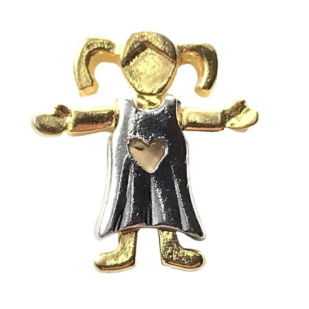 Girl With Heart Dress Gold Tone Vintage Pin Brooch